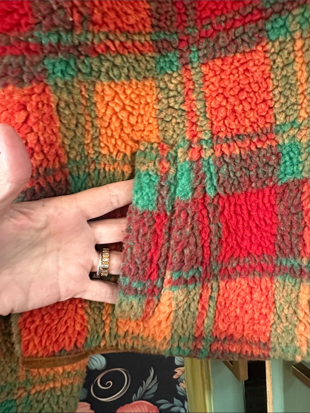 Cider Plaid Teddy Jacket in Red, Orange & Green - Picture 3 of 7